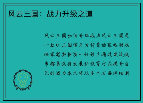 风云三国：战力升级之道